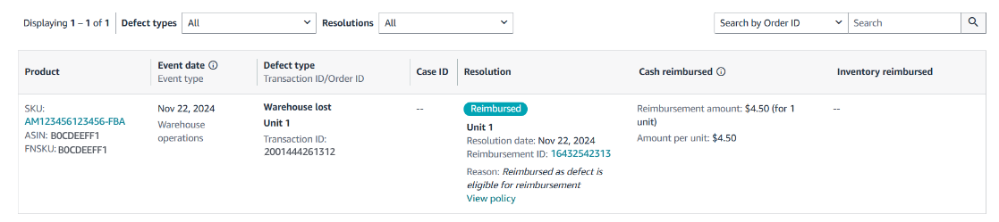 Resolved page in the Amazon Inventory Defect and Reimbursement portal