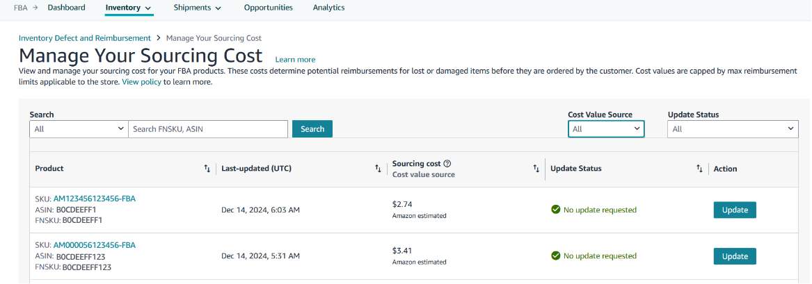 Manage sourcing cost page in Seller Central