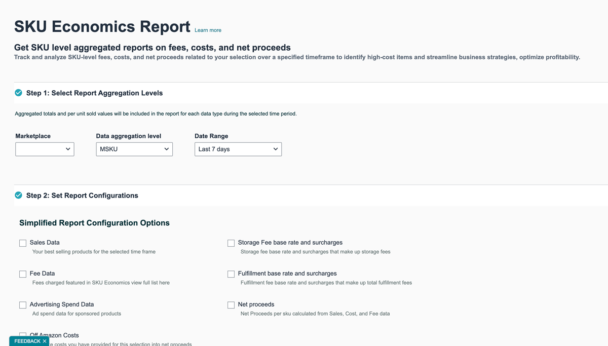 SKU Economics Report settings in Seller Central