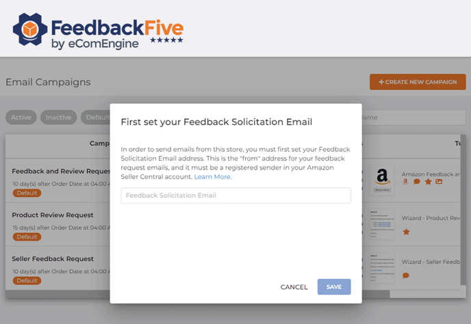 Set your feedback solicitation email address window in FeedbackFive