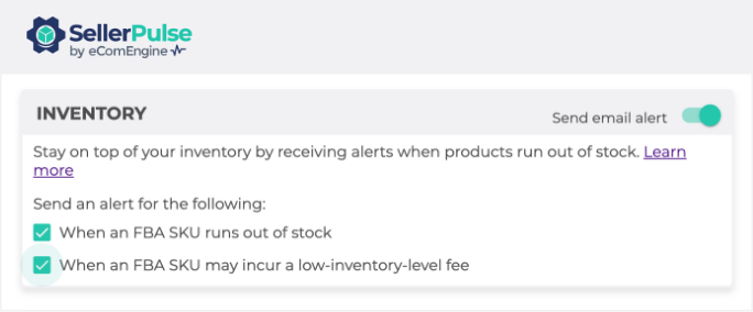 Inventory alert settings in SellerPulse.
