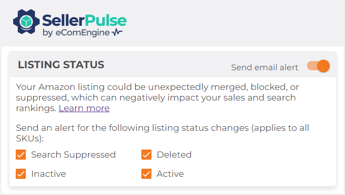 Listing status change alert options in SellerPulse