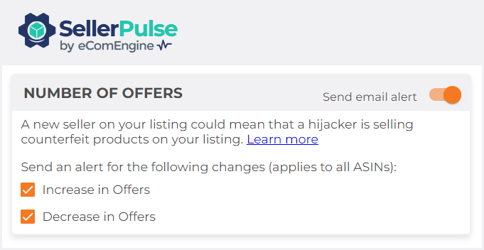 Number of offers change alert options in SellerPulse