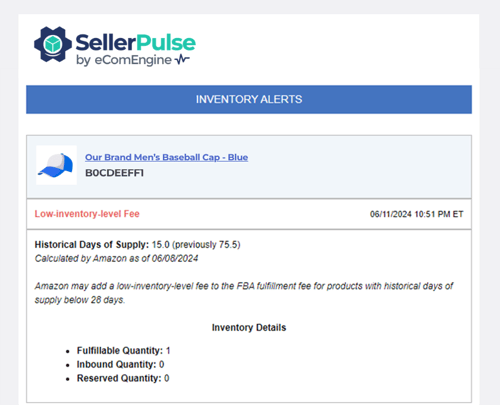 Low-inventory-level fee alert email from SellerPulse