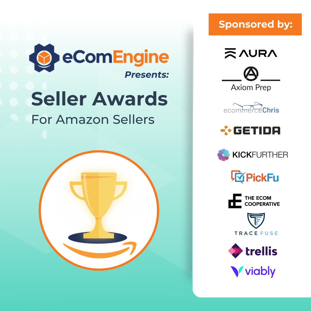 Trophy with text, "eComEngine presents Seller Awards with sponsor logos