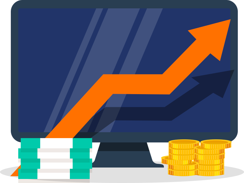 Illustration of computer with cash and graph