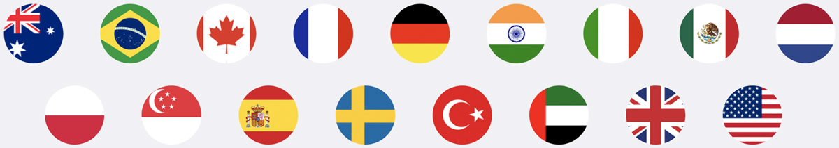 Seventeen flag icons that represent Amazon marketplaces supported by FeedbackFive