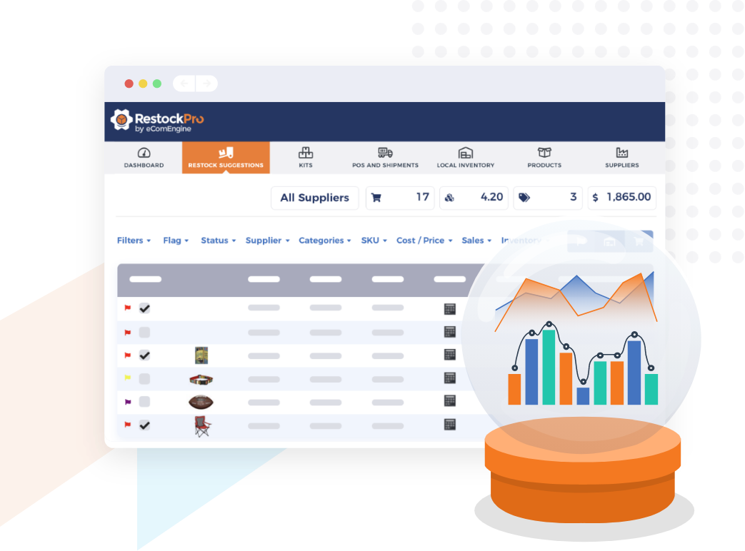 Illustration of RestockPro's restock suggestions and inventory forecasting graph in crystal ball