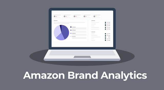 Illustration of report on laptop screen with text, "Amazon brand analytics"