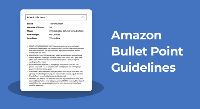 Illustration of Amazon listing with text, "Amazon bullet point guidelines"