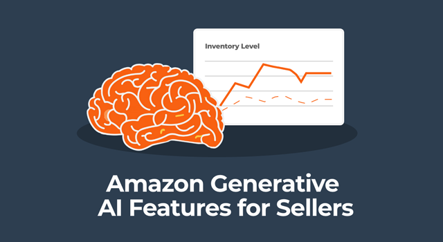 Illustration of brain and graph depicting AI and text, "Amazon generative AI features for sellers"
