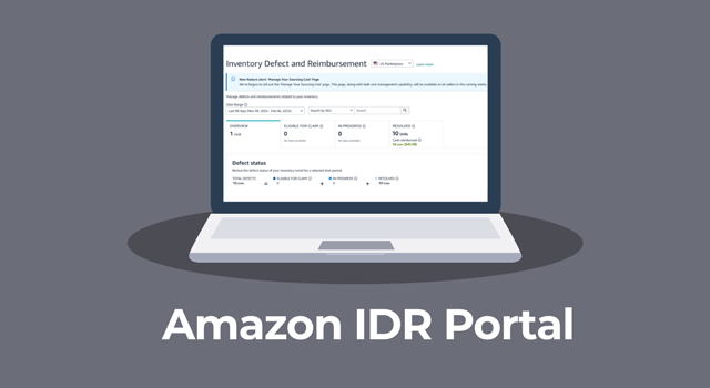 Illustration of laptop screen with text, "Amazon IDR portal"