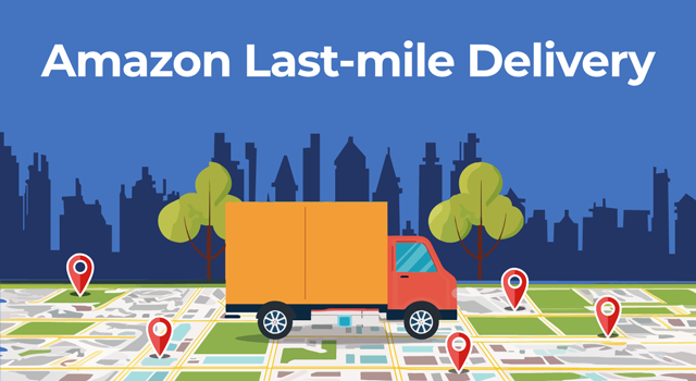 Illustration of delivery truck driving on map with locations in city and text, "Amazon last-mile delivery"