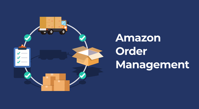 Illustration of order management process with text, "Amazon order management"