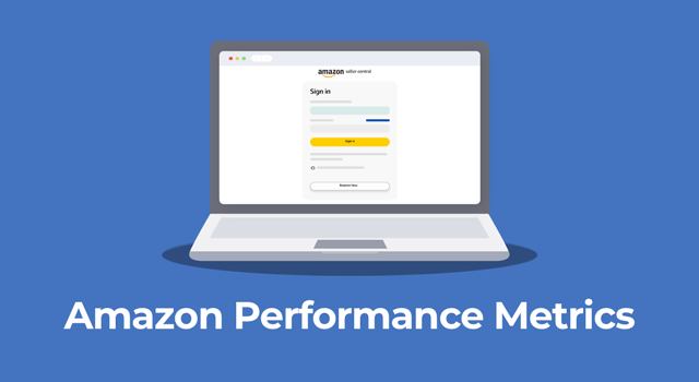 Illustration of Seller Central screen on laptop with text, "Amazon performance metrics"