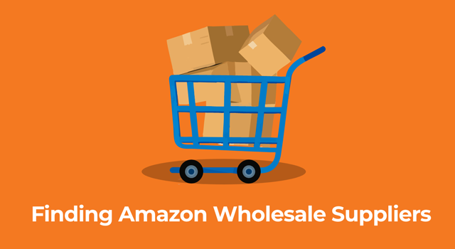 Illustration of shopping cart with boxes and text, "Finding Amazon wholesale suppliers"