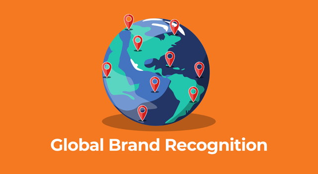 Illustration of globe with map pins and text, "Global brand recognition"