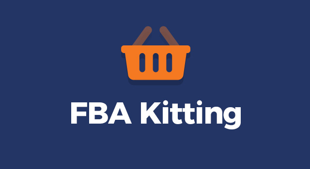 Illustration of basket with text, "FBA kitting"