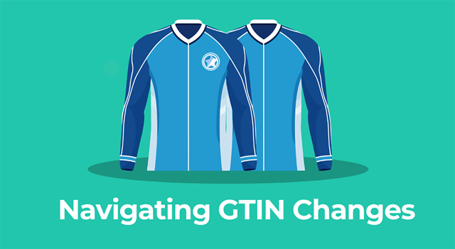 Illustration of two blue jerseys with text, "Navigating GTIN changes"