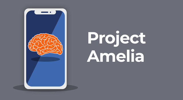 Illustration of brain on mobile screen with text, "Project Amelia"