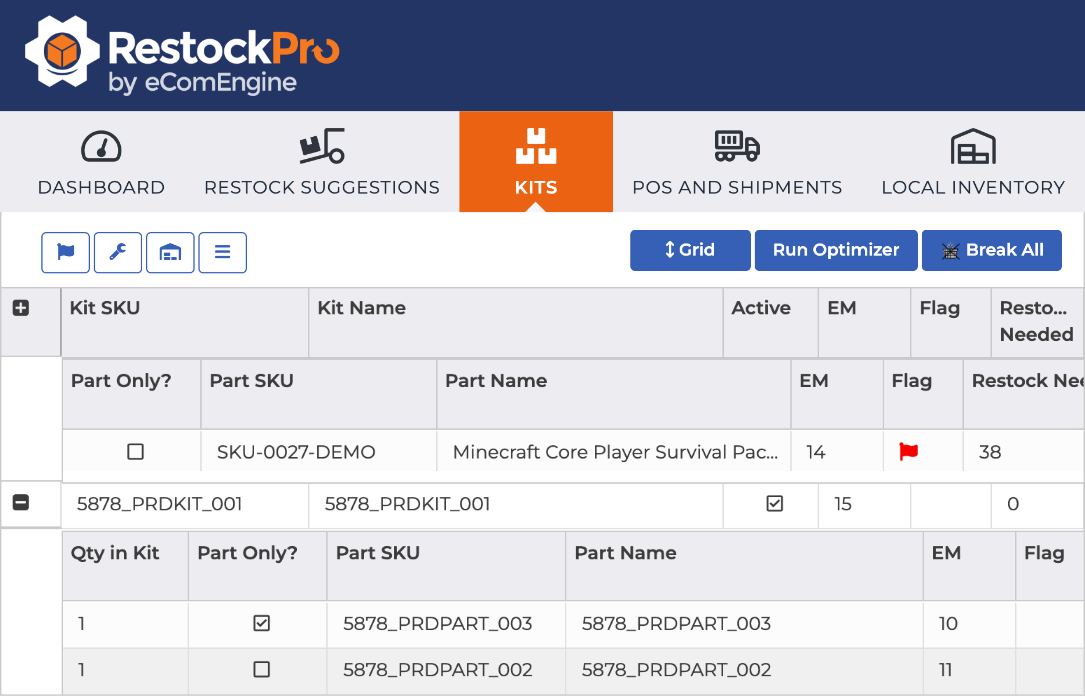 Illustration of kit parts view in RestockPro