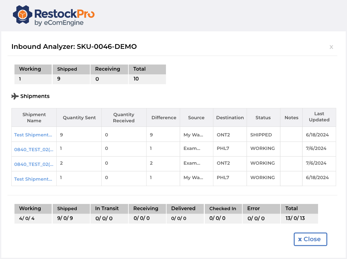 Inbound shipment analyzer window in RestockPro